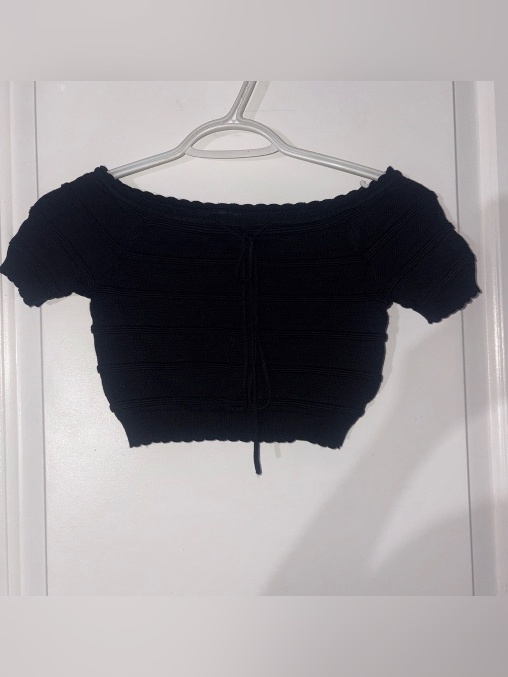 Revamped Black Ribbed Off-Shoulder Tie-Front Crop Top